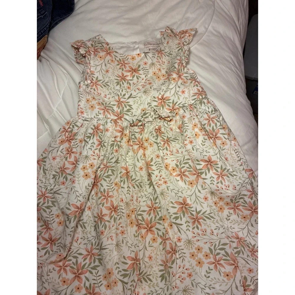 Catherine Malandrino Girls Floral Ruffle Sleeve Dress Size 5T Peach Green White